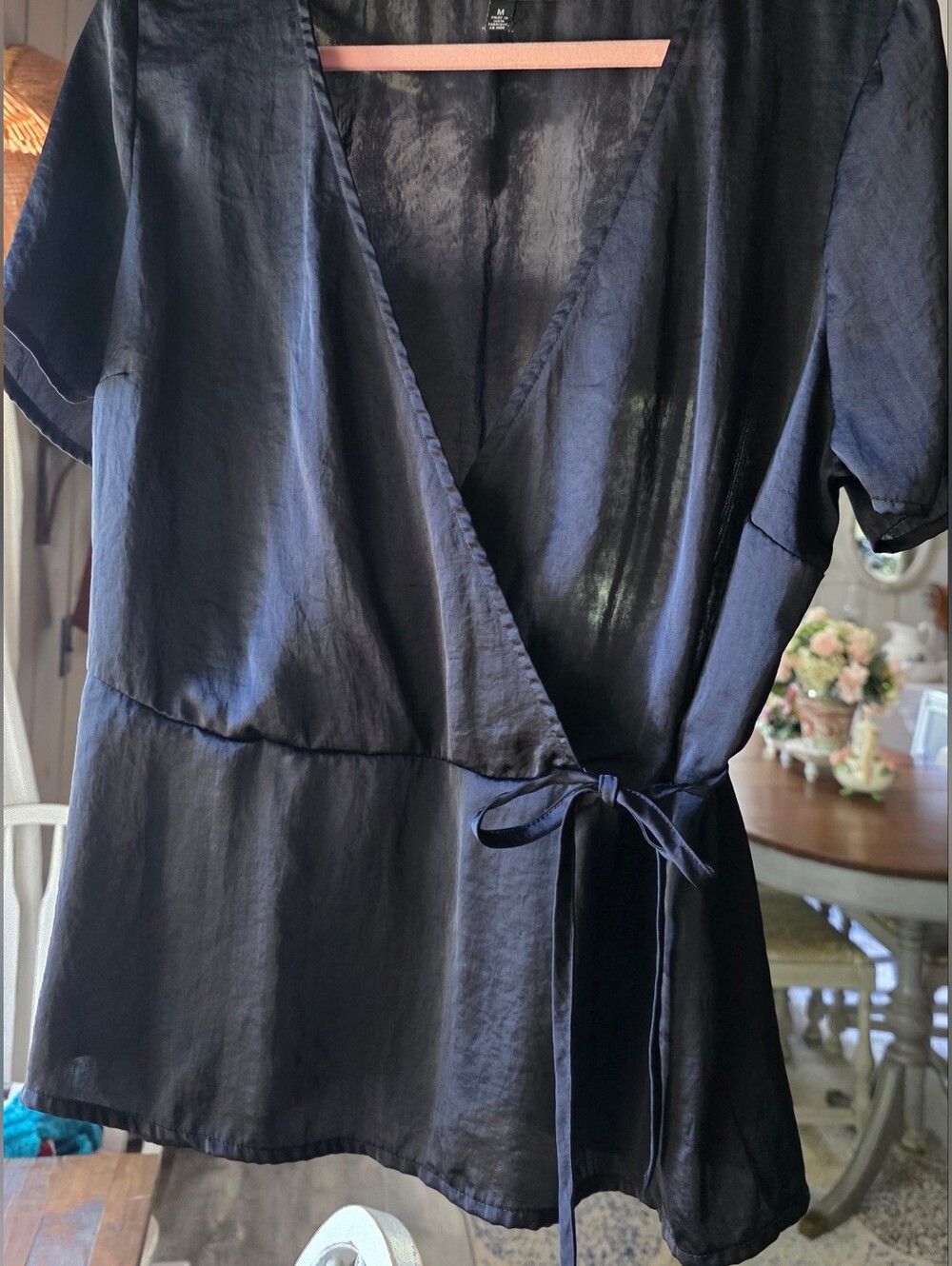 Lucky Brand Navy Satin Wrap Top with Tie